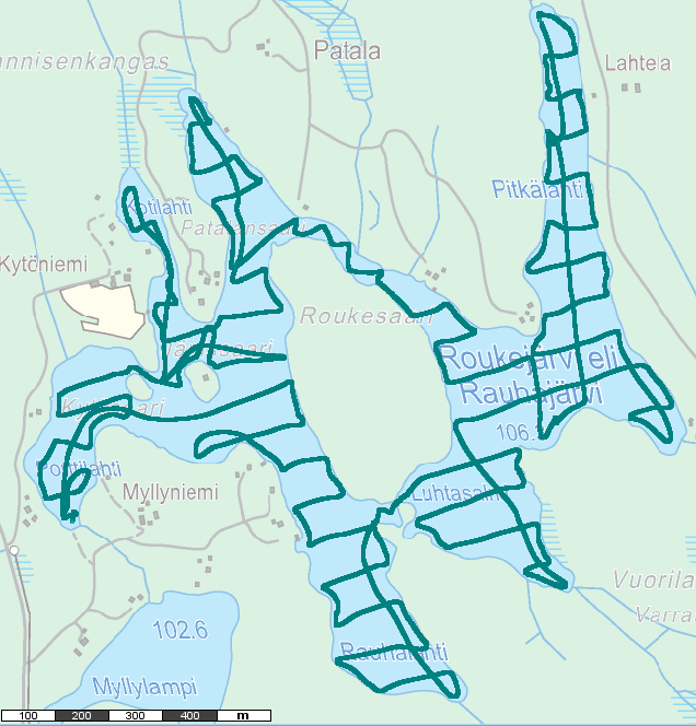 SYKE:n suorittaman Roukej&auml;rven luotauksen luotausreitti.